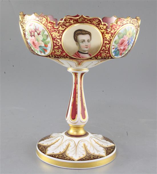 A Bohemian ruby and white overlaid glass pedestal dish, mid 19th century, height 22.5cm